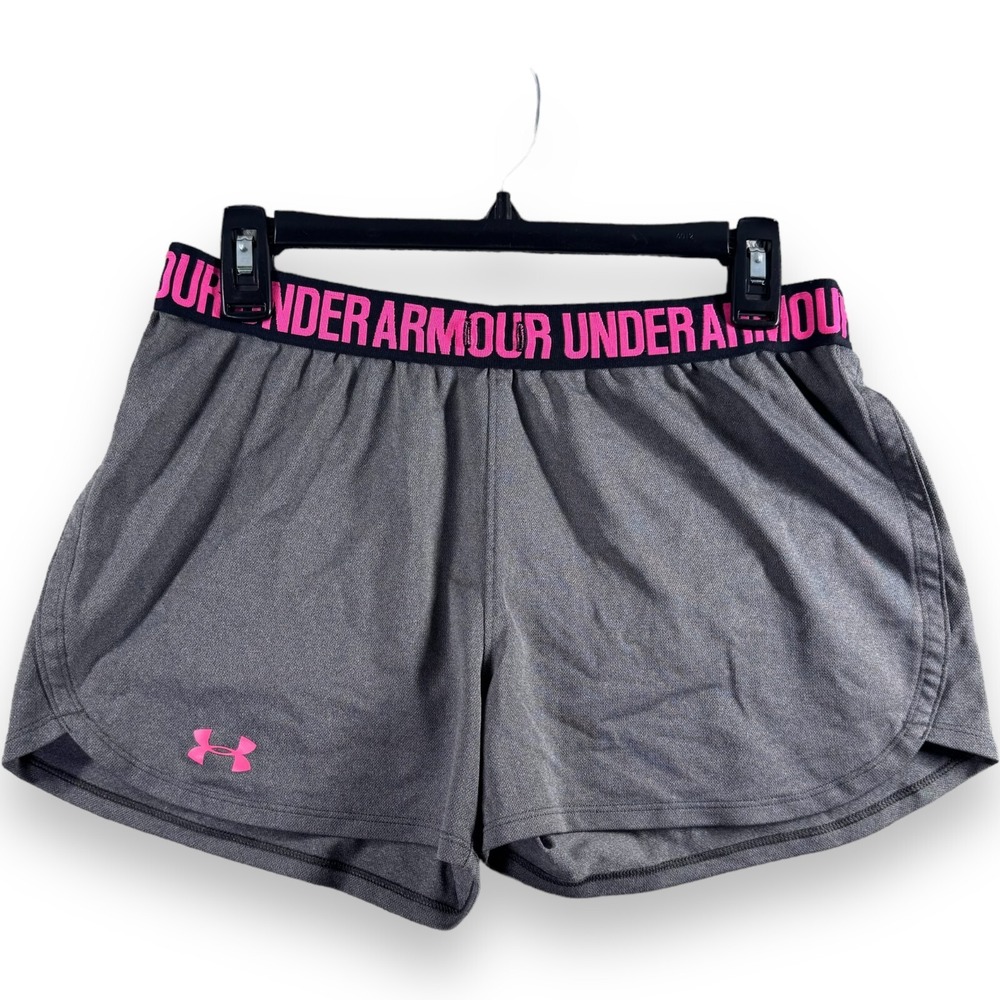 Under Armour HeatGear Womens Gray Neon Pink Play Up 3 Athletic Shorts Small